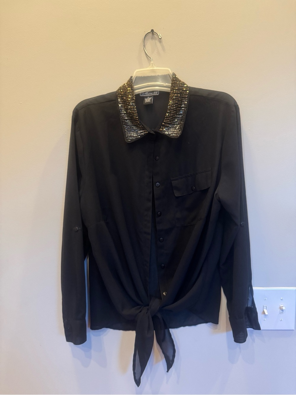 Black Beaded-Collar Sheer Tie-Hem Button Front Blouse